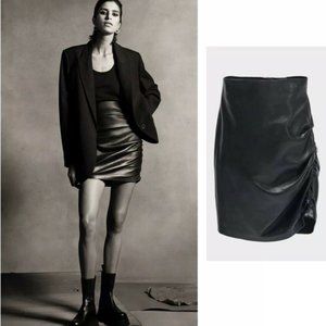 ZARA RUCHED BLACK 100% LEATHER DRAPED MINI SKIRT